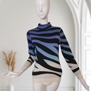 Striped Cowl-Neck Sweater in Blue, Black & Cream
